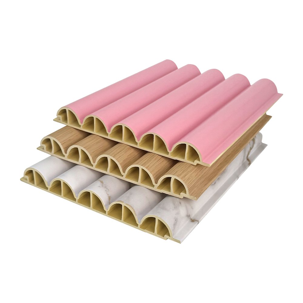 180wuyuanban-1-kaobei Indoor WPC 180 Five Semicircular Fluted Panels-B009-Modern Seamless Fit Hotel Lobby Design