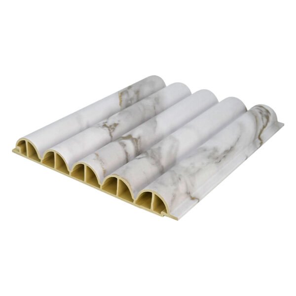 180wuyuanban-2-kaobei Indoor WPC 180 Five Semicircular Fluted Panels-B009-Modern Seamless Fit Hotel Lobby Design