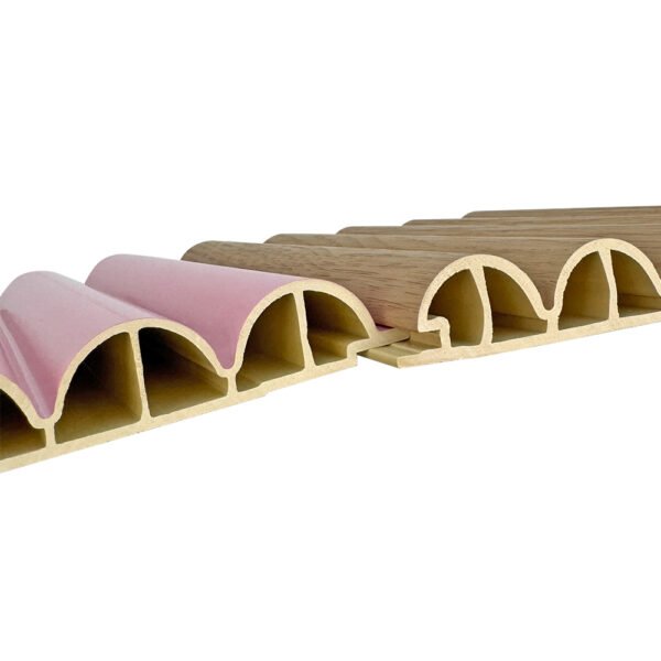 180wuyuanban-5-kaobei Indoor WPC 180 Five Semicircular Fluted Panels-B009-Modern Seamless Fit Hotel Lobby Design